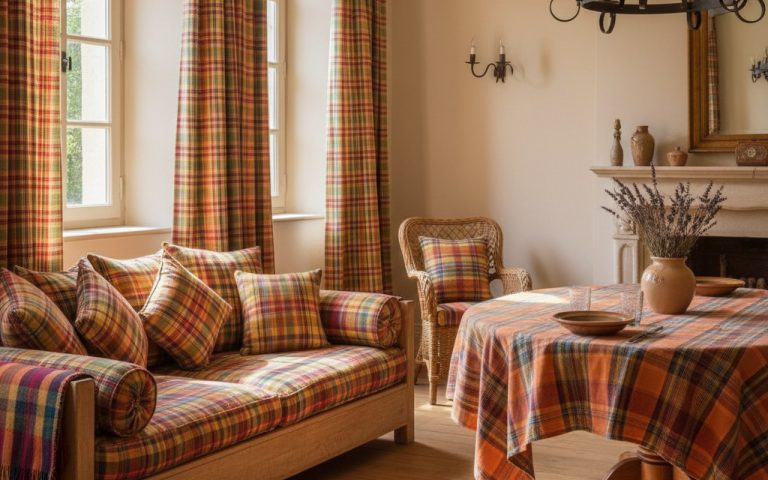 Intérieur décoré avec du tissu madras coloré, coussins et rideaux.