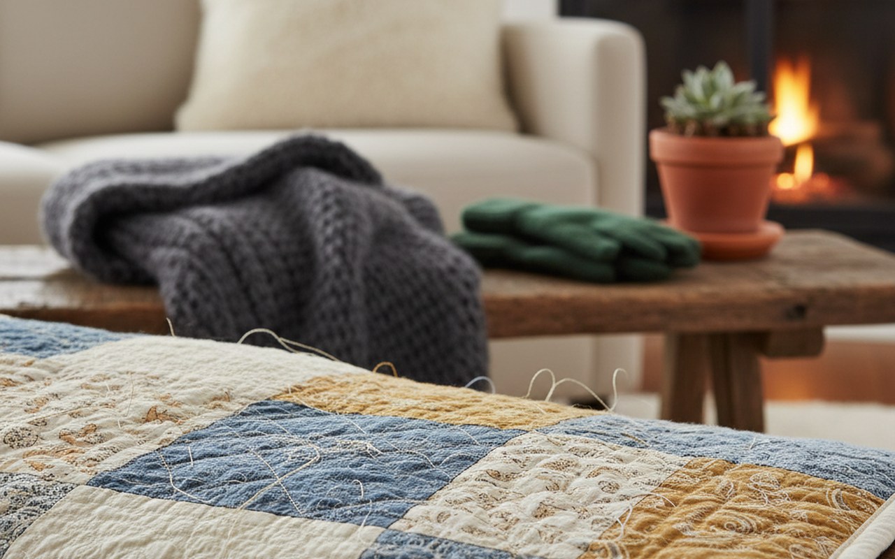 Gros plan sur un tissu matelassé illustrant ses couches et motifs de piqûre.