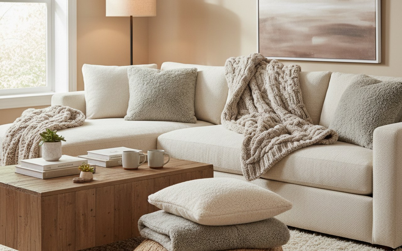 Intérieur chaleureux avec des plaids et coussins en tissu sherpa, ambiance douillette.