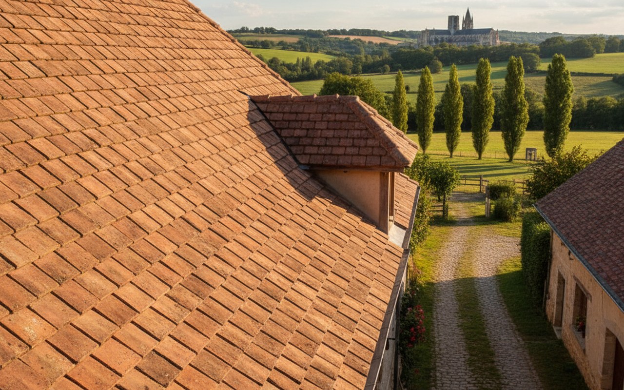 Toiture en tuiles de Beauvais neuves dans un paysage beauvaisien.