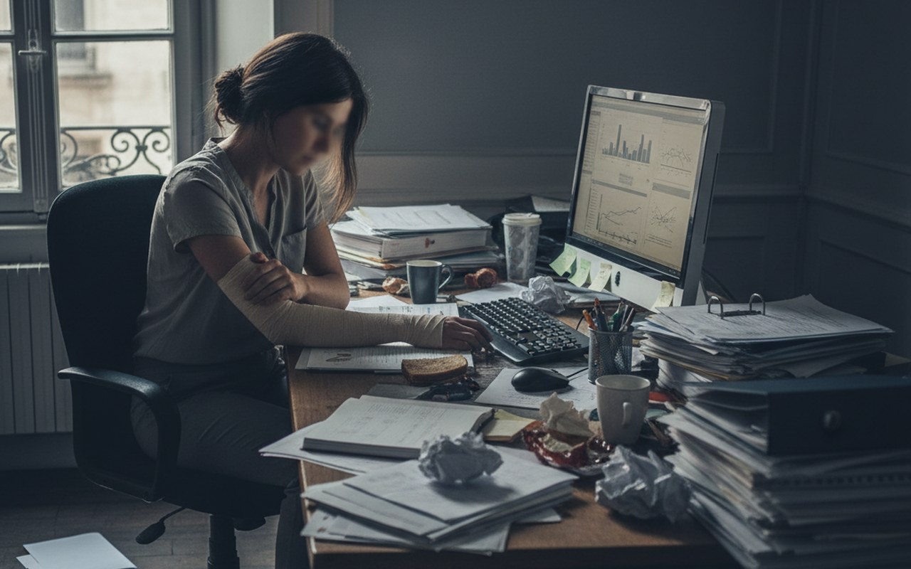 Femme au bureau ressentant une douleur au bras gauche due au stress professionnel.