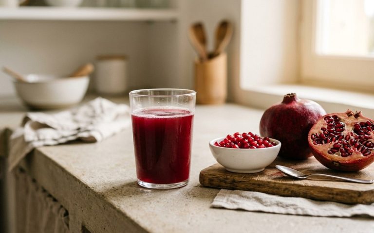 Verre de jus de grenade et fruit frais