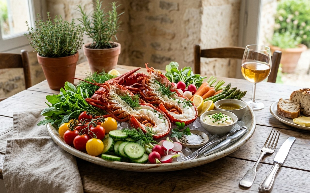 Langouste froide accompagnée de légumes