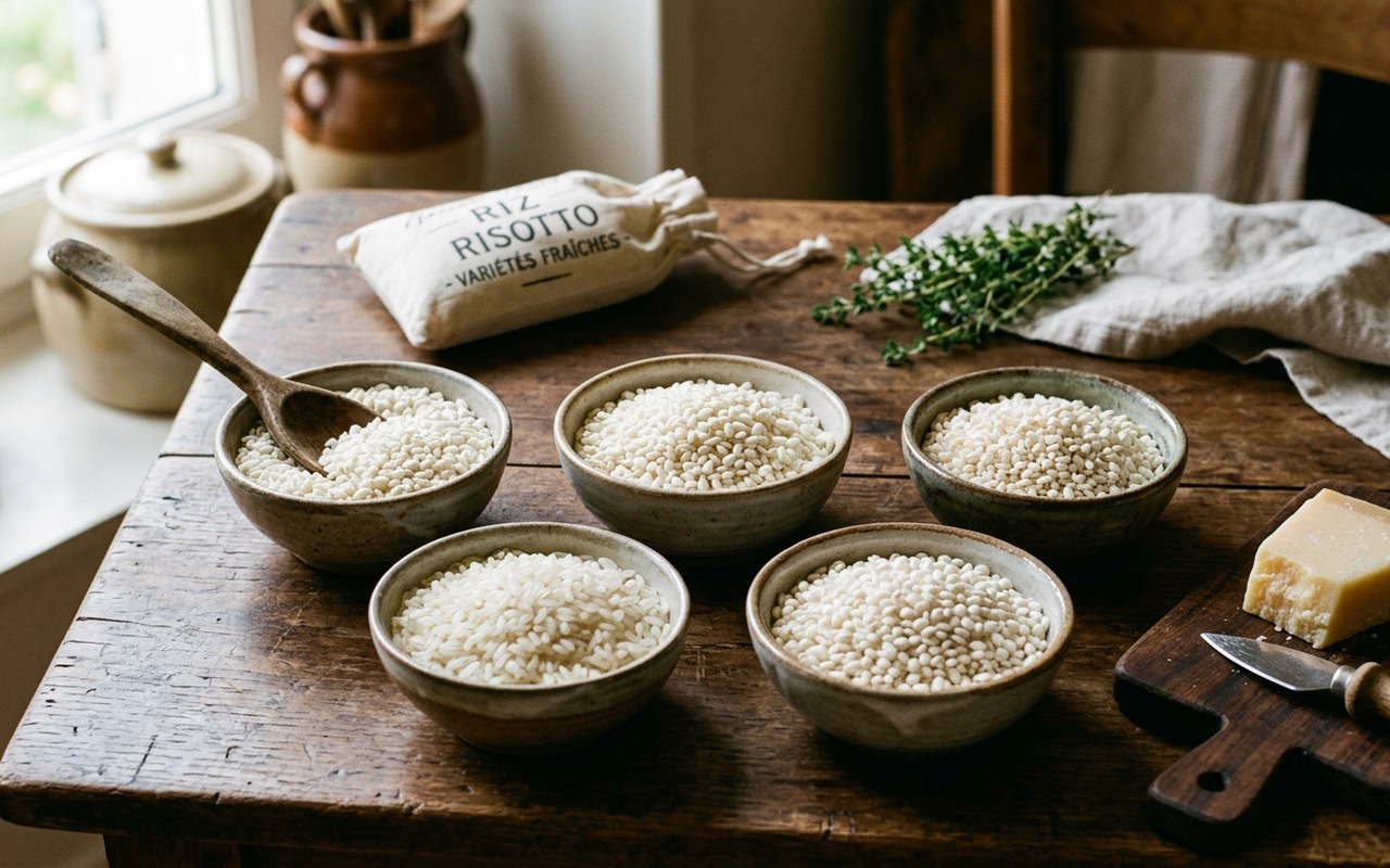Différents riz à risotto dans des bols