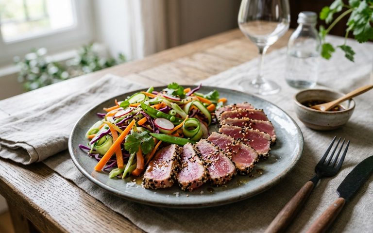 Tataki de thon au sésame avec légumes croquants