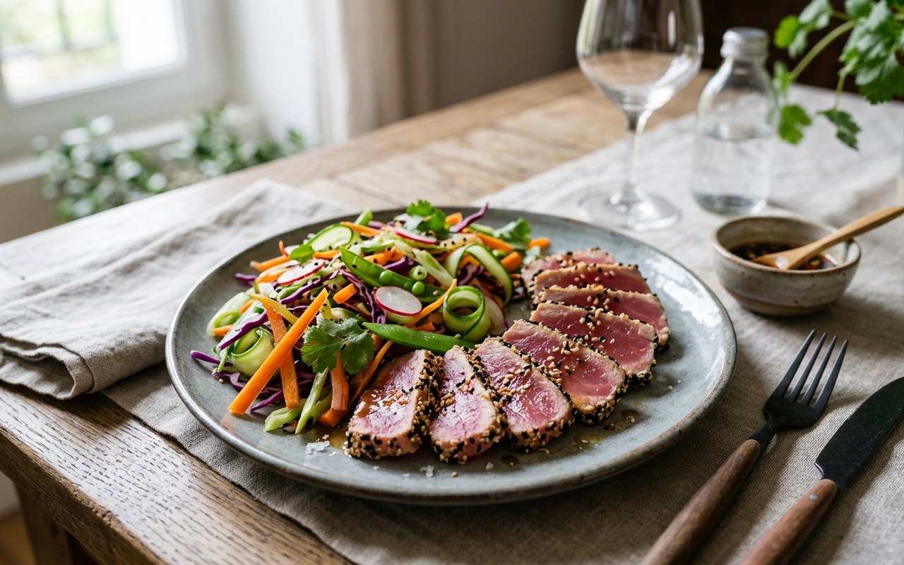 Tataki de thon au sésame avec légumes croquants
