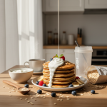 Illustration réaliste sur Pancakes protéinés à l’avoine et yogourt grec : petit-déjeuner équilibré