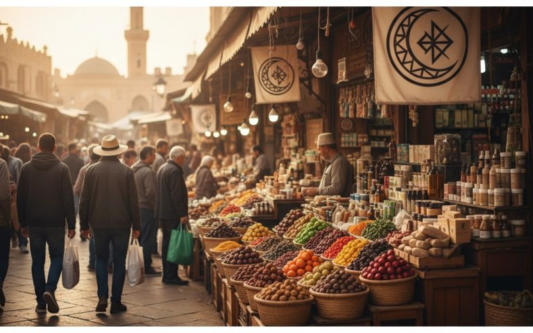Produits alimentaires et cosmétiques certifiés halal sur un marché.