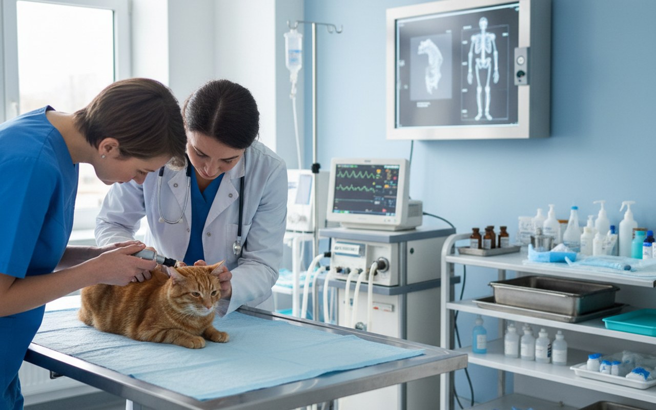 Un chat se faisant examiner par un vétérinaire pour le coryza.