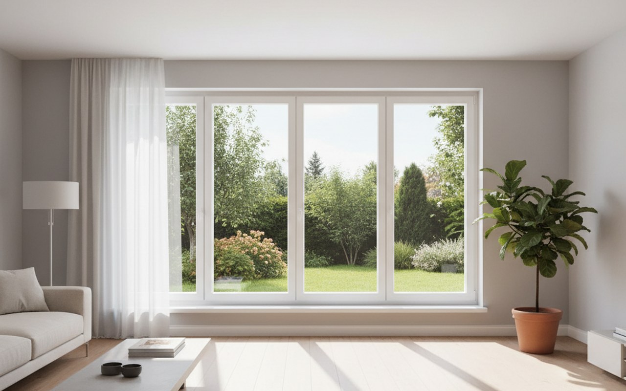 Fenêtre coulissante en PVC dans un intérieur lumineux, illustrant le gain d'espace et la luminosité.
