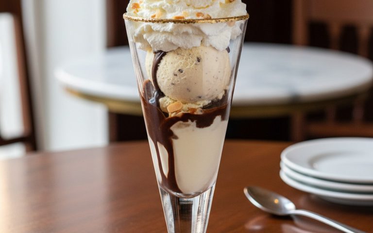 Dame Blanche dessert avec glace vanille, sauce chocolat et crème Chantilly.