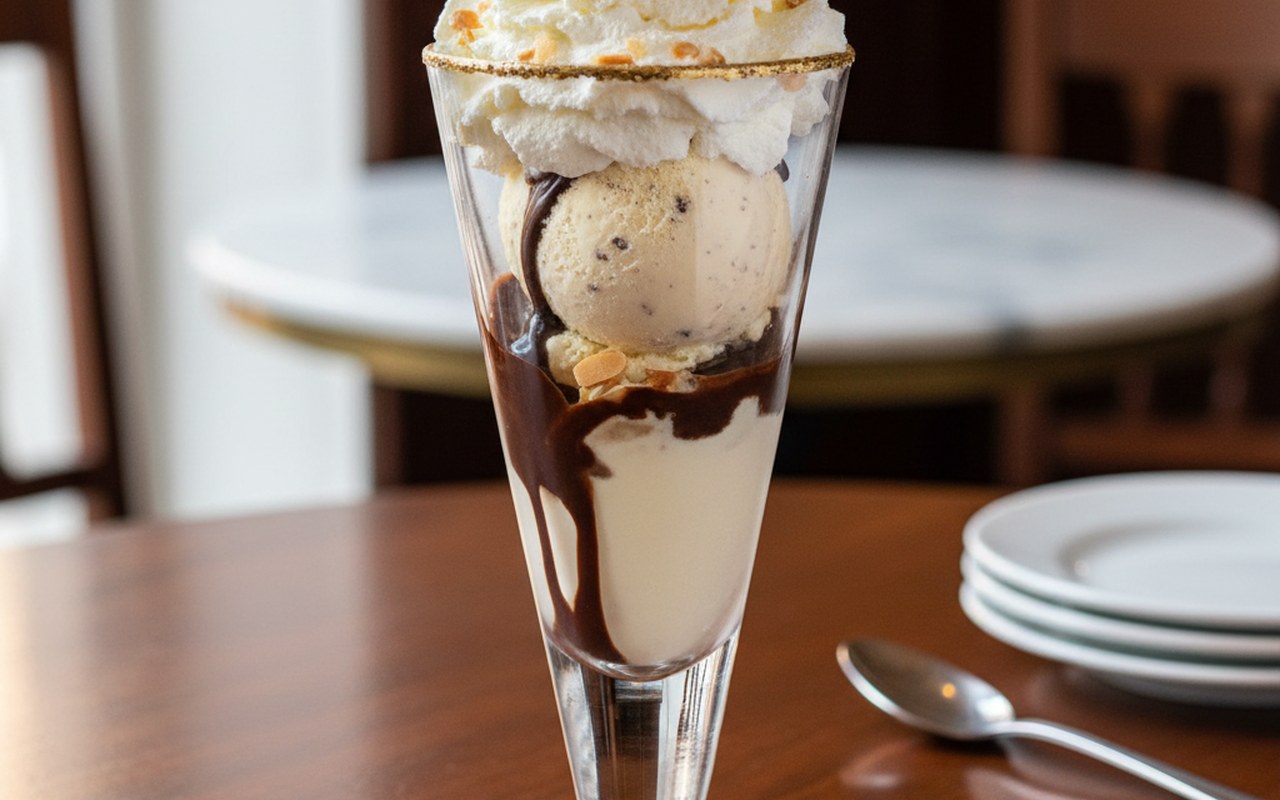 Dame Blanche dessert avec glace vanille, sauce chocolat et crème Chantilly.