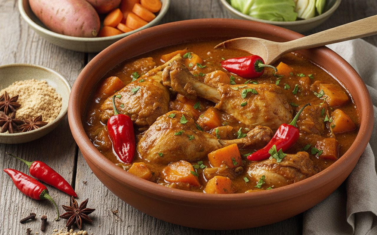 Mafé poulet traditionnel sénégalais avec légumes frais sur une table en bois.