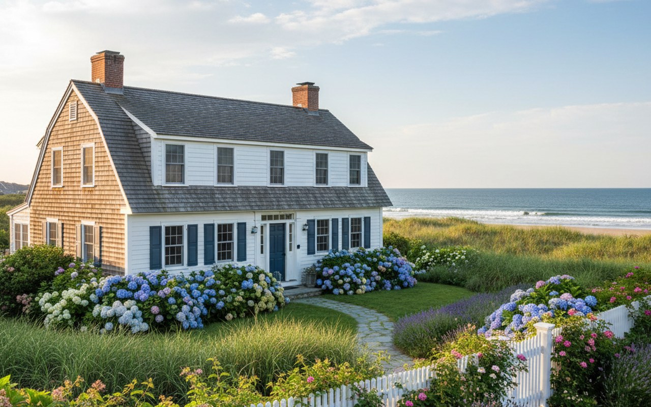 Maison de style Cape Cod dans un cadre côtier, illustrant l'architecture américaine en France.