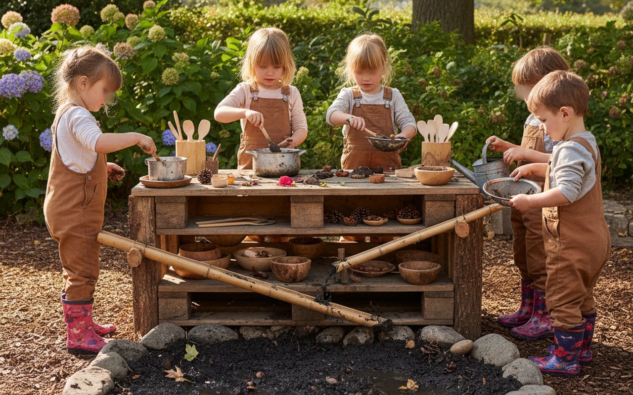 Enfants jouant dans une cuisine de boue en plein air, explorant et créant avec de la boue et des outils naturels.