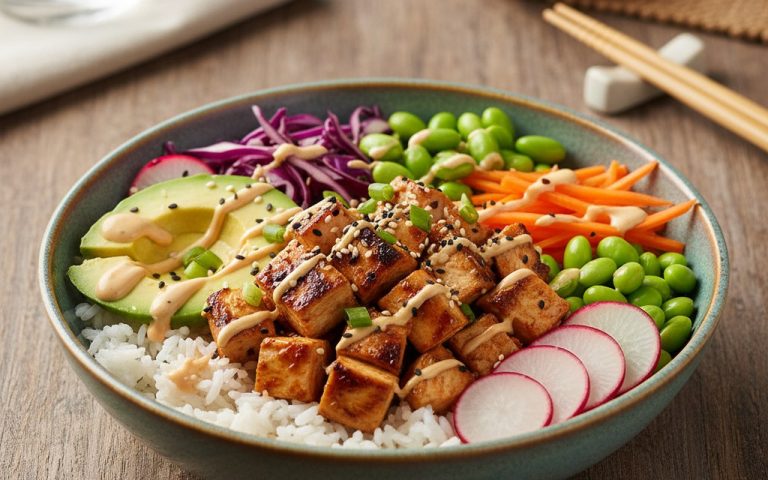 Poke bowl poulet avec légumes frais et riz, présentation colorée et équilibrée