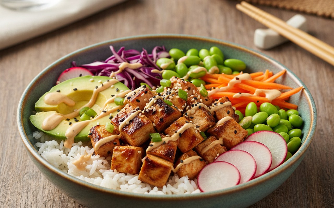Poke bowl poulet avec légumes frais et riz, présentation colorée et équilibrée