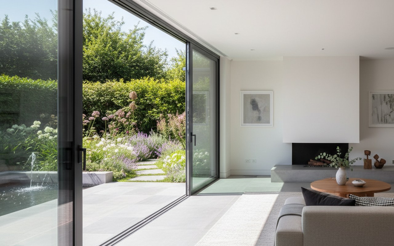 Porte-fenêtre coulissante en aluminium ouverte sur un jardin lumineux.